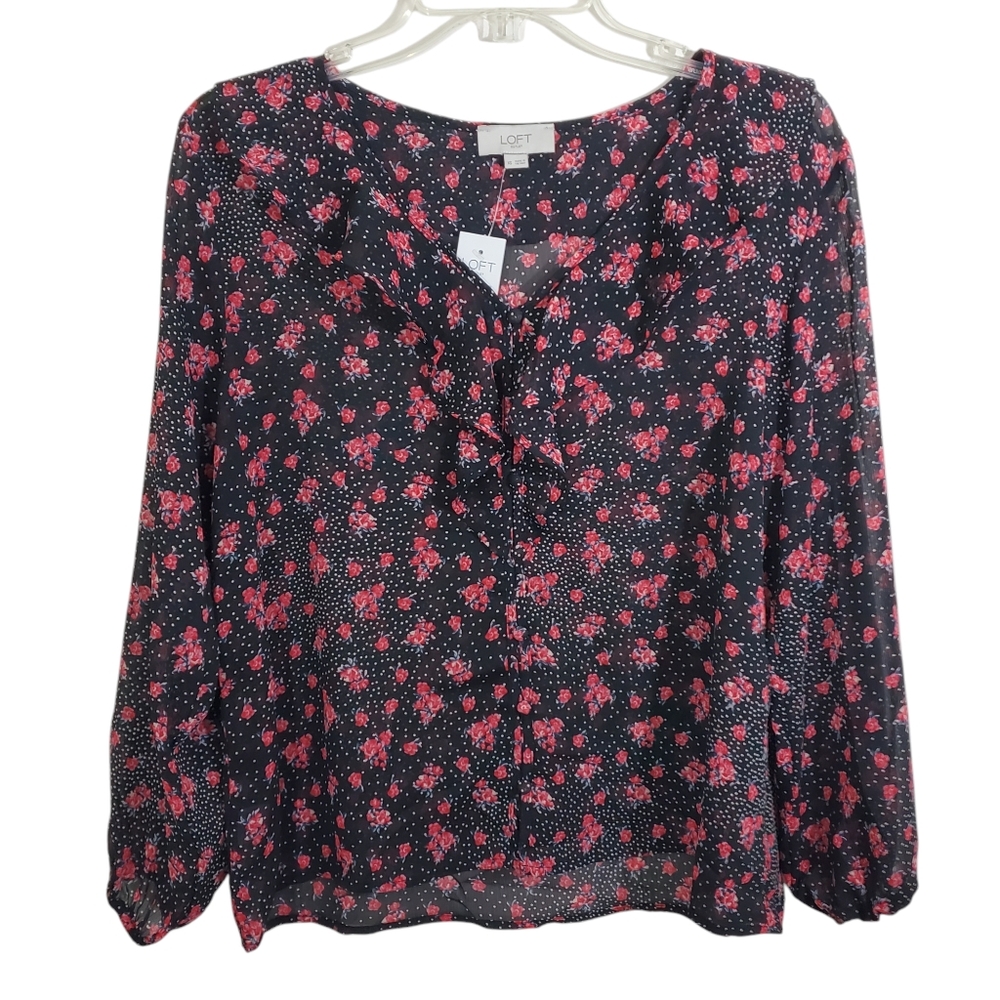 NWT LOFT Blouse Sheer Ruffle Floral Dot Black Fairy Grunge Whimsigoth Size XS